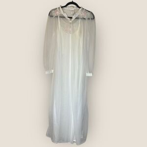 Vintage 1970s Kalz Sheer Nylon Nightgown & Robe Set White Floral Appliqué USA